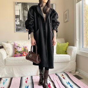 Vintage black wool blend coat with velvet panels